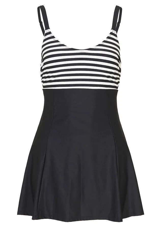 Traje de baño con ligero efecto moldeador negro / beige con rayas