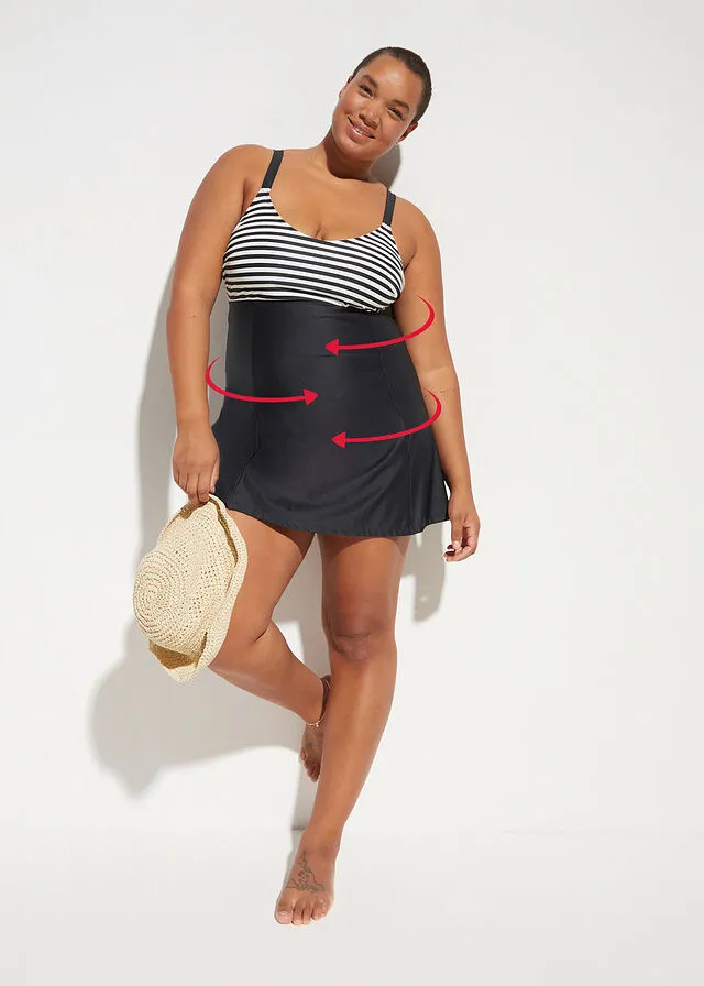 Traje de baño con ligero efecto moldeador negro / beige con rayas