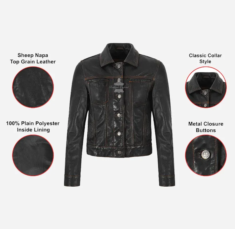 TRUCKER Leather Denim Jacket For Women Washed Leather Shirt Jacket