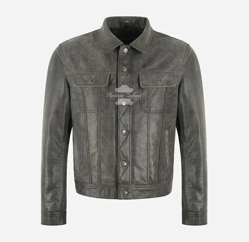 TRUCKER LEATHER JACKET CLASSIC MENS Vintage Grey WESTERN SHIRT JACKET