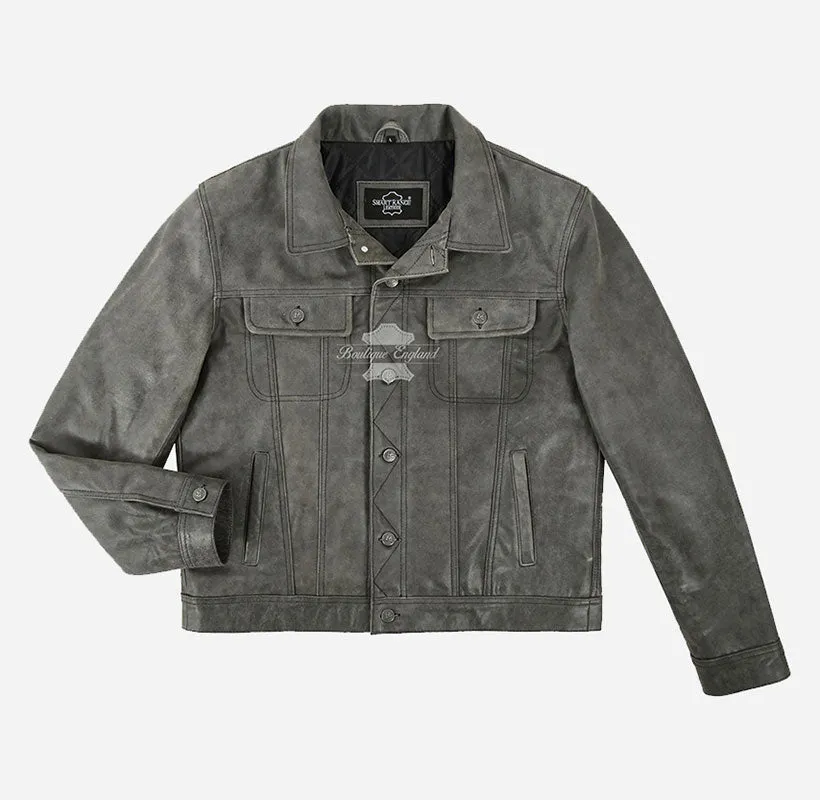 TRUCKER LEATHER JACKET CLASSIC MENS Vintage Grey WESTERN SHIRT JACKET