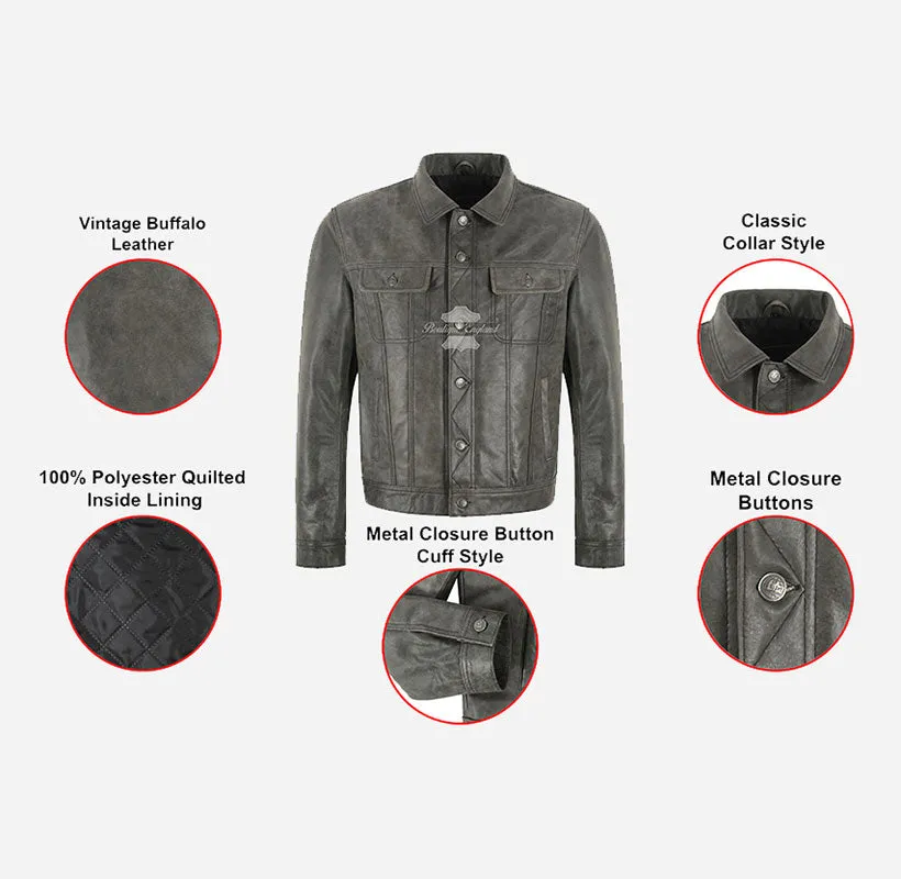 TRUCKER LEATHER JACKET CLASSIC MENS Vintage Grey WESTERN SHIRT JACKET