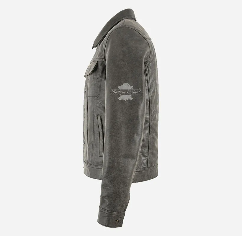 TRUCKER LEATHER JACKET CLASSIC MENS Vintage Grey WESTERN SHIRT JACKET