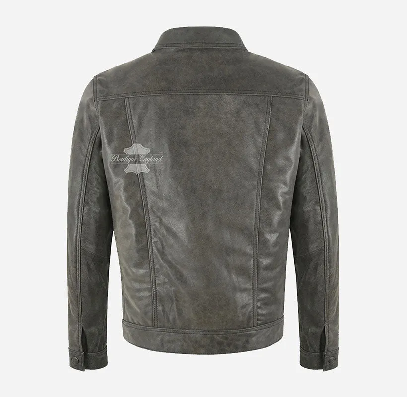 TRUCKER LEATHER JACKET CLASSIC MENS Vintage Grey WESTERN SHIRT JACKET