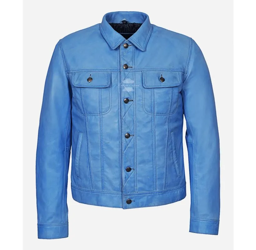 TRUCKER LEATHER JACKET CLASSIC MENS WESTERN SHIRT STYLE JACKET