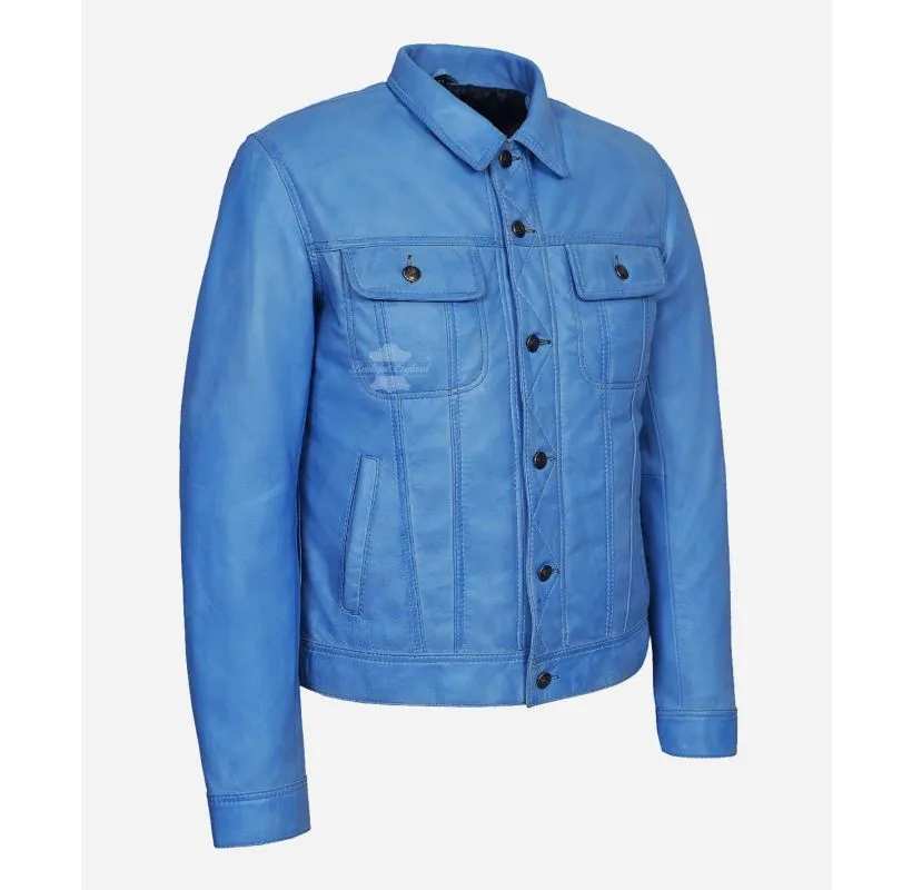TRUCKER LEATHER JACKET CLASSIC MENS WESTERN SHIRT STYLE JACKET