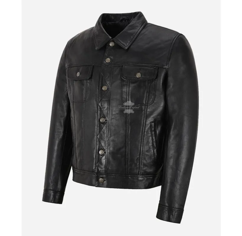 TRUCKER LEATHER JACKET CLASSIC MENS WESTERN SHIRT STYLE JACKET