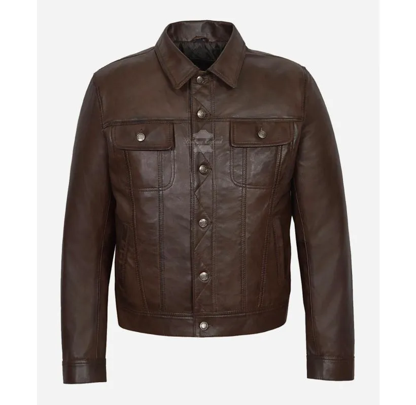 TRUCKER LEATHER JACKET CLASSIC MENS WESTERN SHIRT STYLE JACKET