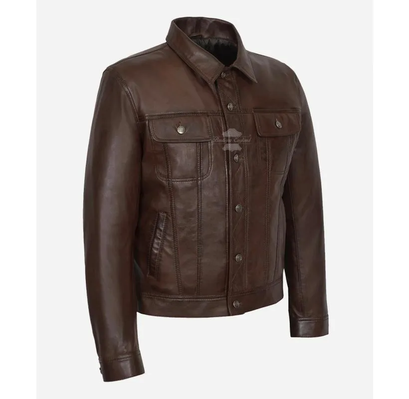 TRUCKER LEATHER JACKET CLASSIC MENS WESTERN SHIRT STYLE JACKET