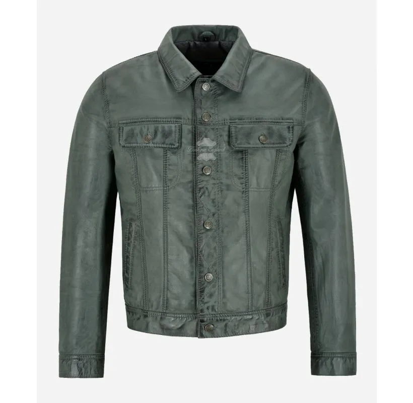 TRUCKER LEATHER JACKET CLASSIC MENS WESTERN SHIRT STYLE JACKET