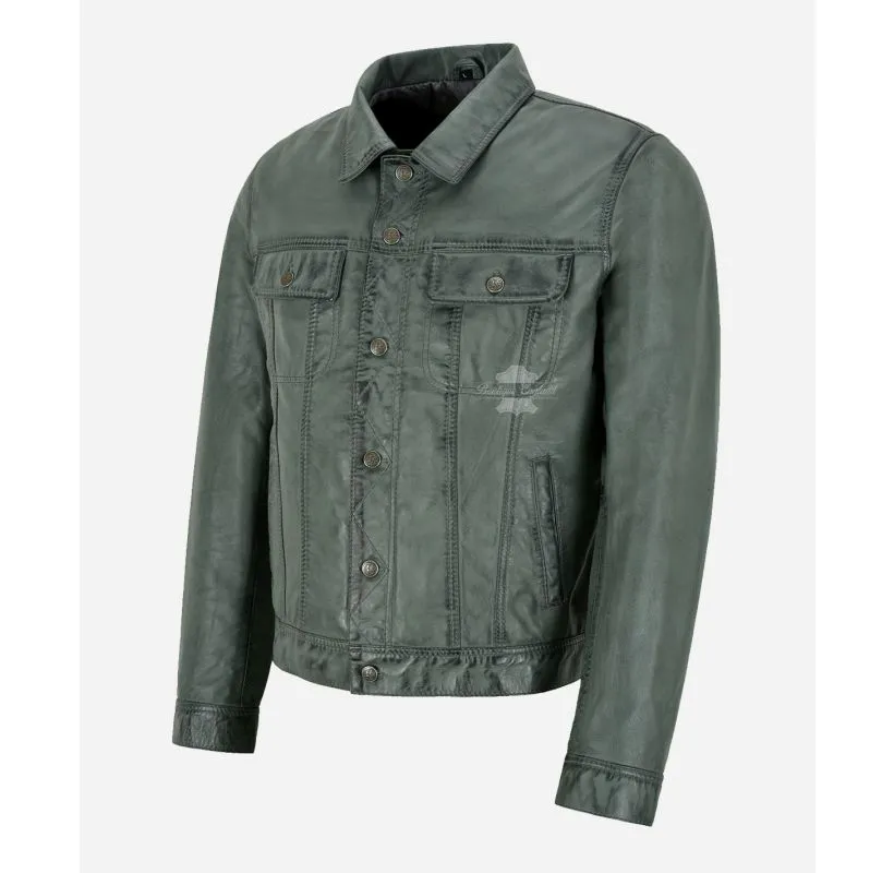 TRUCKER LEATHER JACKET CLASSIC MENS WESTERN SHIRT STYLE JACKET