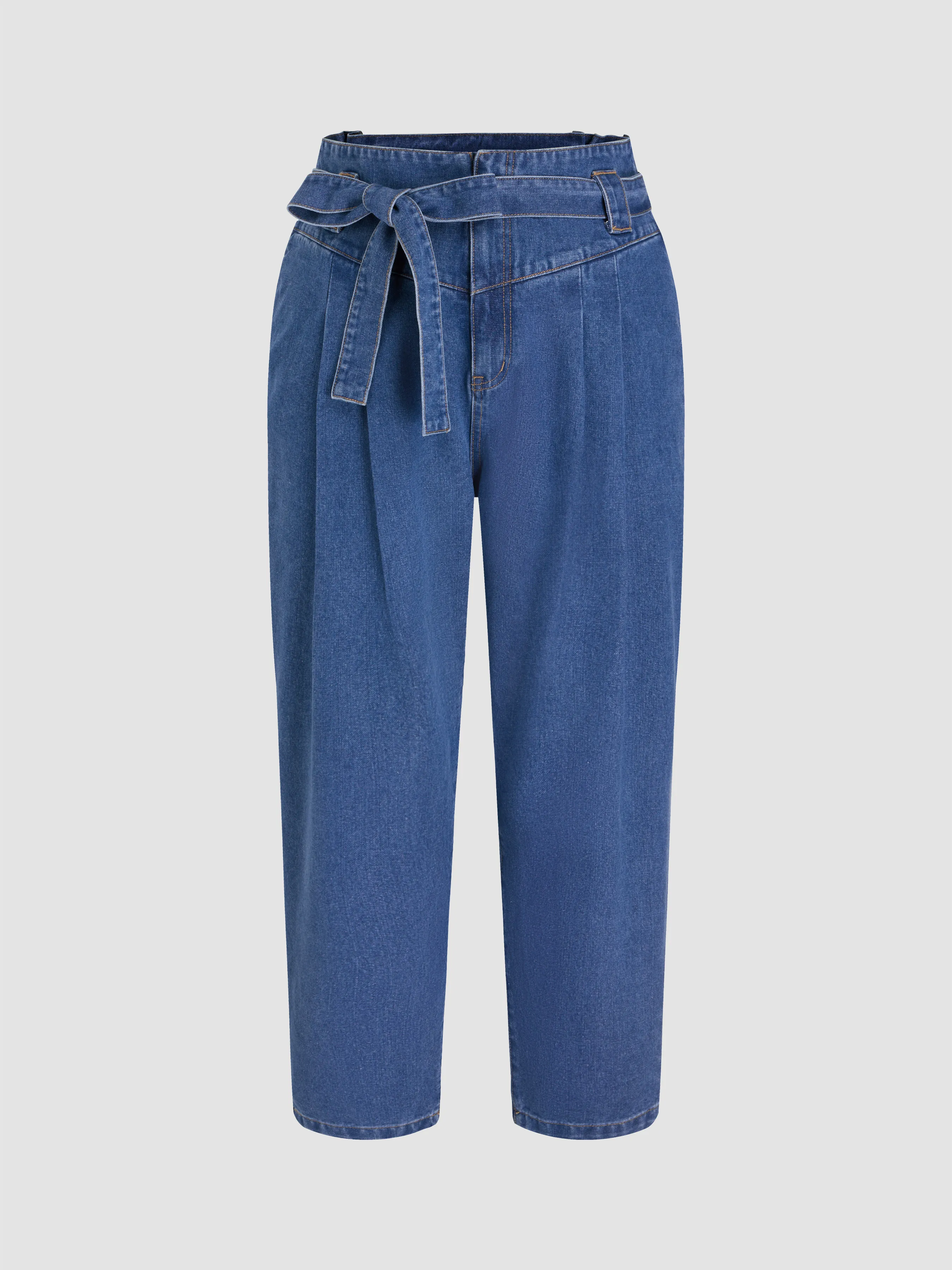  Vaqueros de Cintura Alta en Denim Sólido con Cinturón Curvy