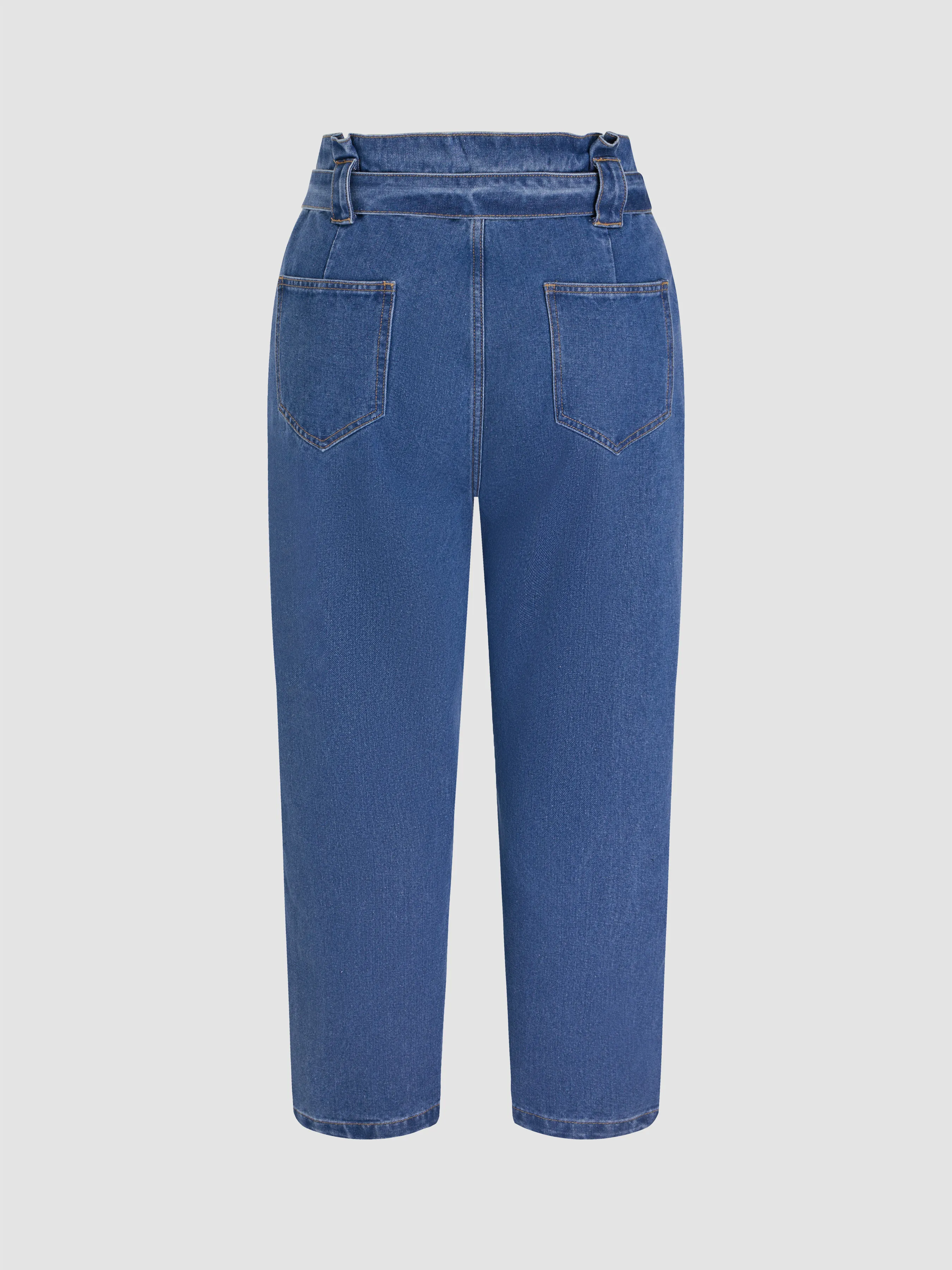  Vaqueros de Cintura Alta en Denim Sólido con Cinturón Curvy
