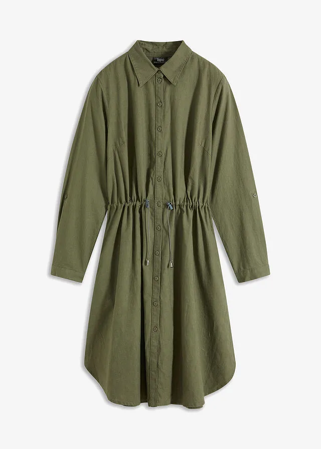 Vestido camisero con lino, goma elástica en la cintura, estilo militar y largo hasta la rodilla Verde oliva