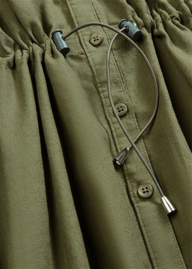 Vestido camisero con lino, goma elástica en la cintura, estilo militar y largo hasta la rodilla Verde oliva