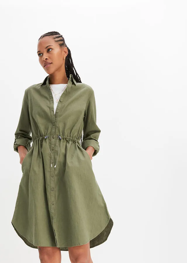 Vestido camisero con lino, goma elástica en la cintura, estilo militar y largo hasta la rodilla Verde oliva