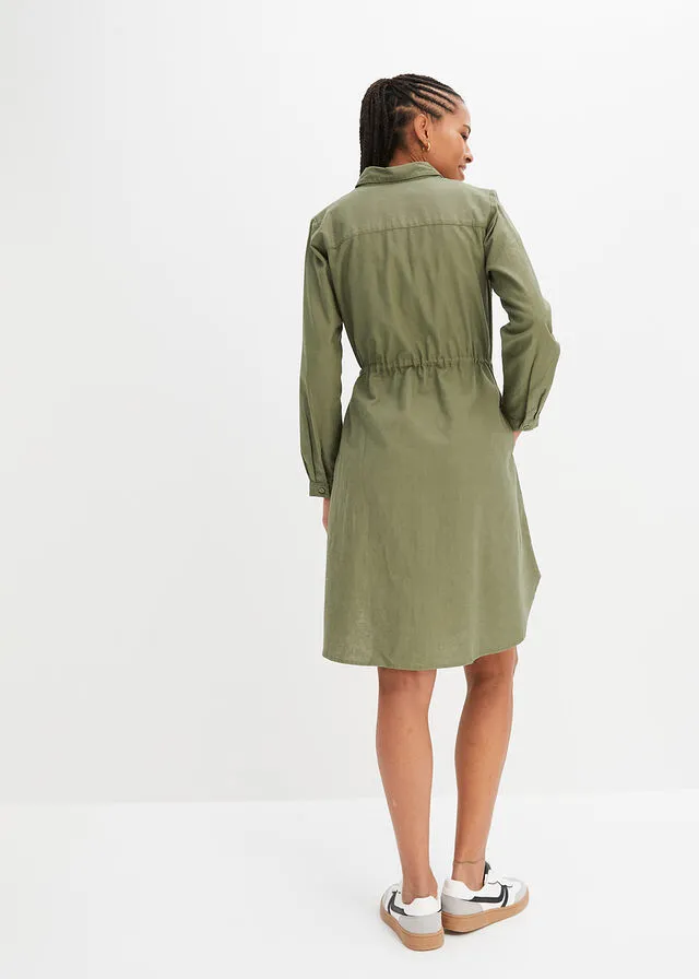 Vestido camisero con lino, goma elástica en la cintura, estilo militar y largo hasta la rodilla Verde oliva