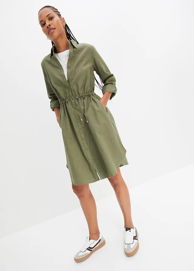 Vestido camisero con lino, goma elástica en la cintura, estilo militar y largo hasta la rodilla Verde oliva