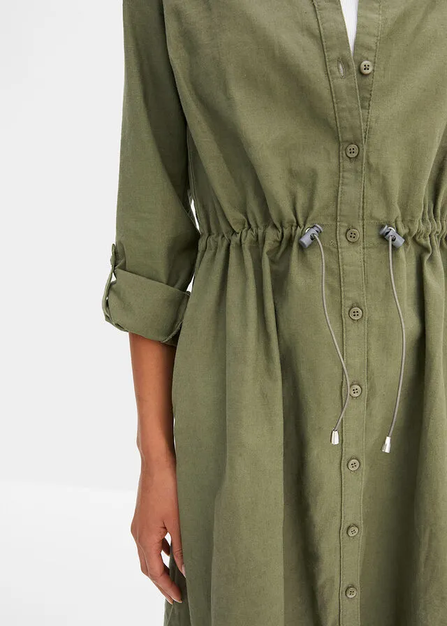 Vestido camisero con lino, goma elástica en la cintura, estilo militar y largo hasta la rodilla Verde oliva