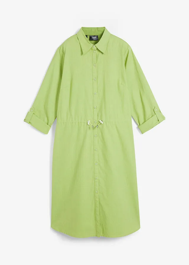 Vestido camisero con lino, goma elástica en la cintura, estilo militar y largo hasta la rodilla Verde pera