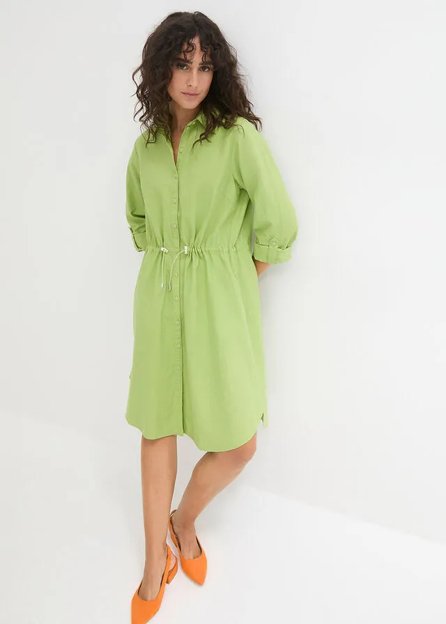 Vestido camisero con lino, goma elástica en la cintura, estilo militar y largo hasta la rodilla Verde pera
