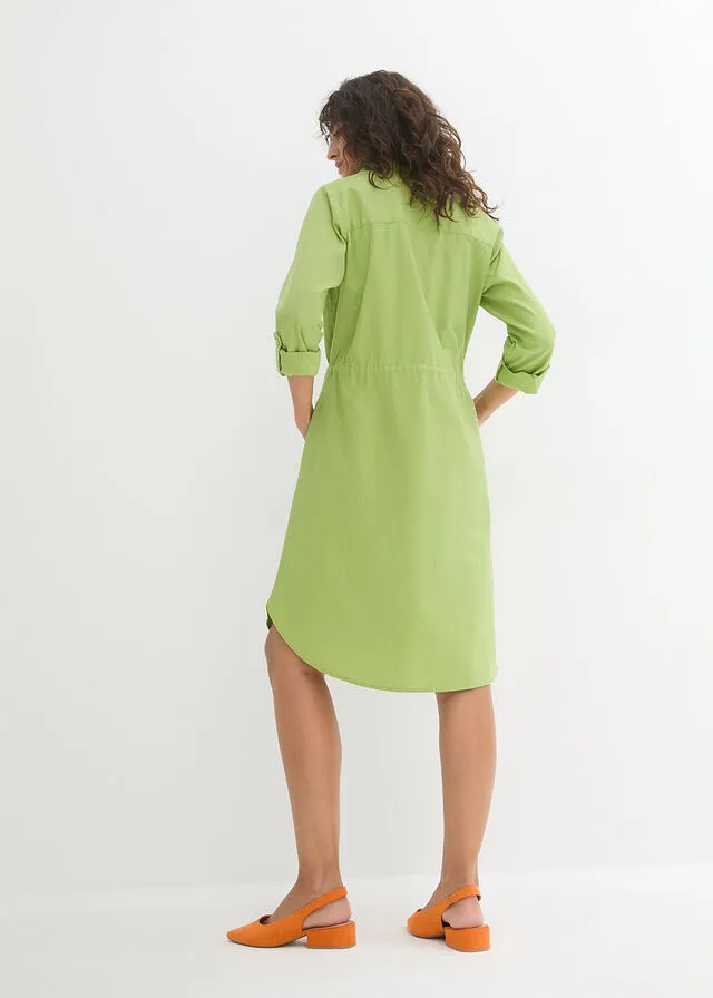 Vestido camisero con lino, goma elástica en la cintura, estilo militar y largo hasta la rodilla Verde pera