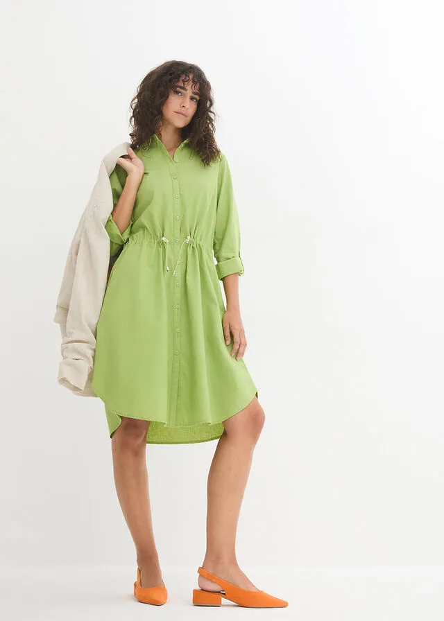 Vestido camisero con lino, goma elástica en la cintura, estilo militar y largo hasta la rodilla Verde pera