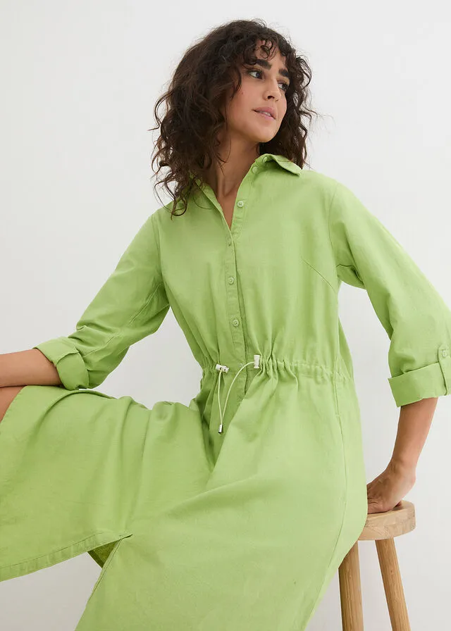 Vestido camisero con lino, goma elástica en la cintura, estilo militar y largo hasta la rodilla Verde pera