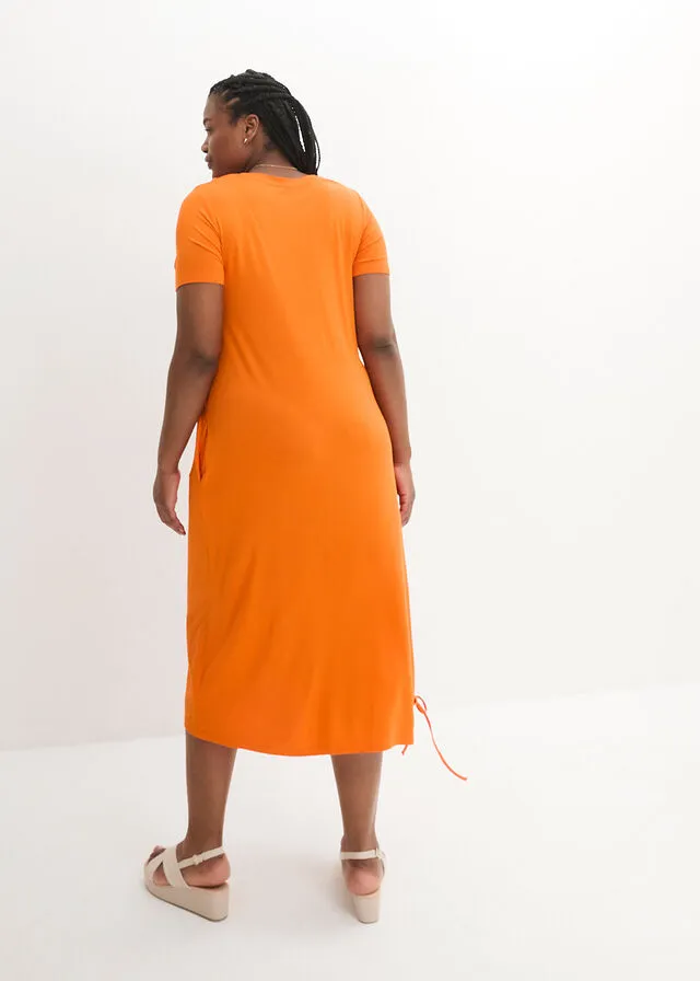 Vestido camisero midi con bolsillos laterales y detalle fruncido Naranja cálido