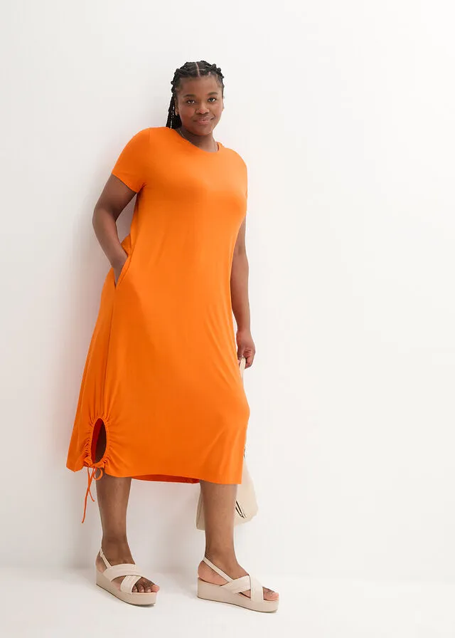 Vestido camisero midi con bolsillos laterales y detalle fruncido Naranja cálido