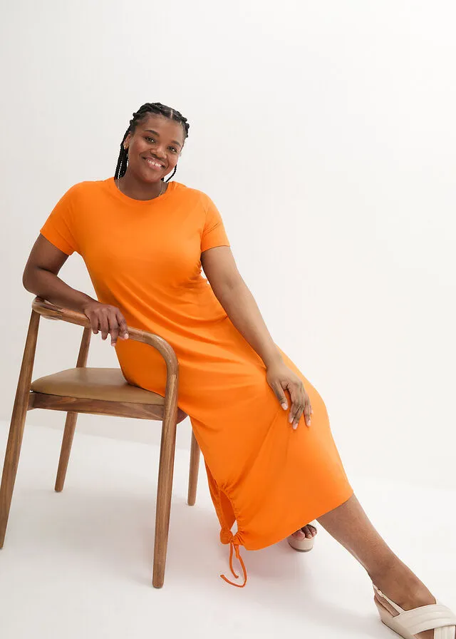 Vestido camisero midi con bolsillos laterales y detalle fruncido Naranja cálido