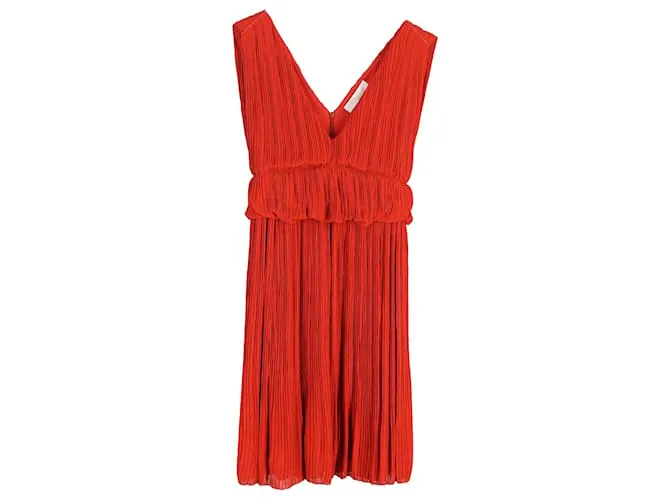 Vestido Chloé Mini Plisado con Escote en V en Viscosa Roja 