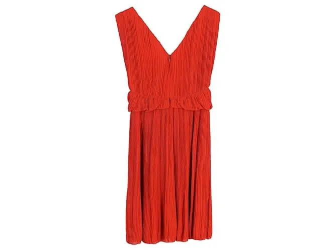 Vestido Chloé Mini Plisado con Escote en V en Viscosa Roja 