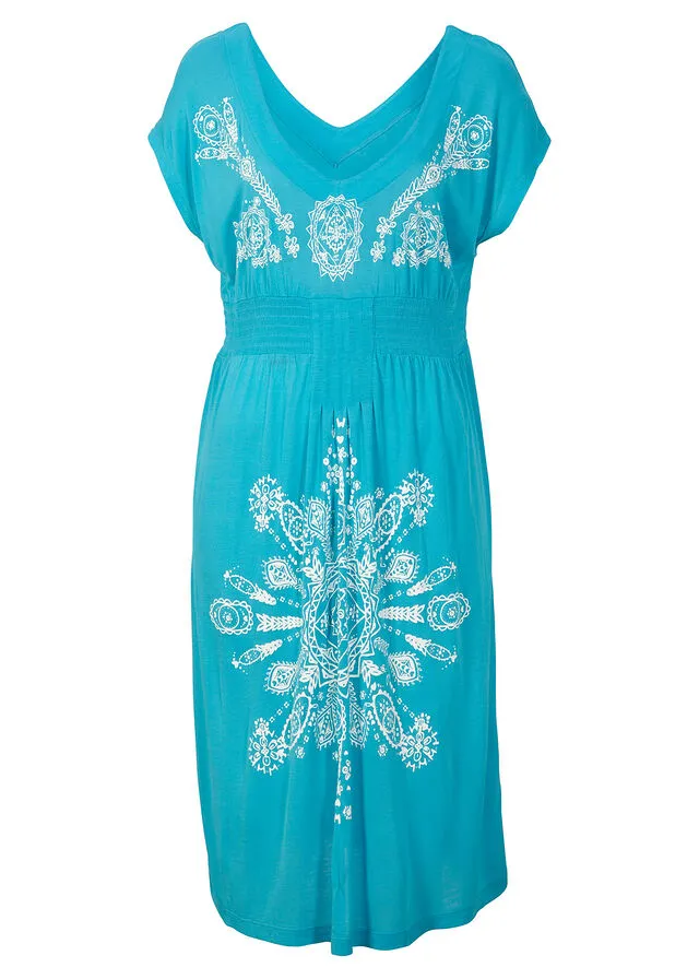Vestido de túnica para la playa Verde agua/blanco con estampado gráfico