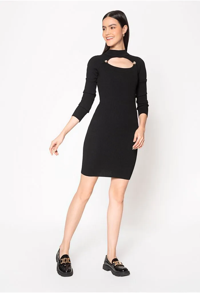 Vestido en punto cuello alto, manga larg