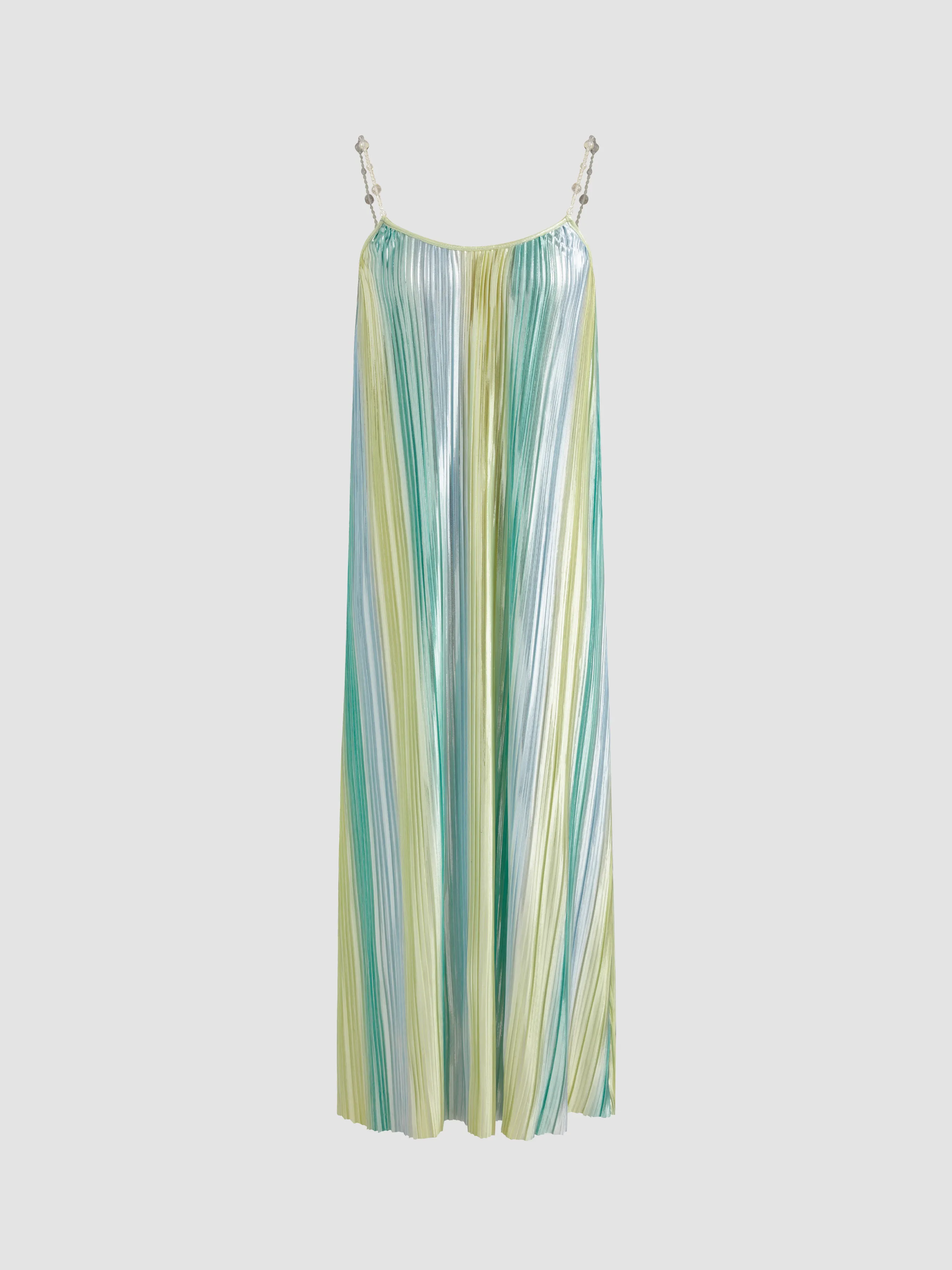 Vestido Maxi de Tirantes con Cuello Cuadrado y Rayas con Cuentas