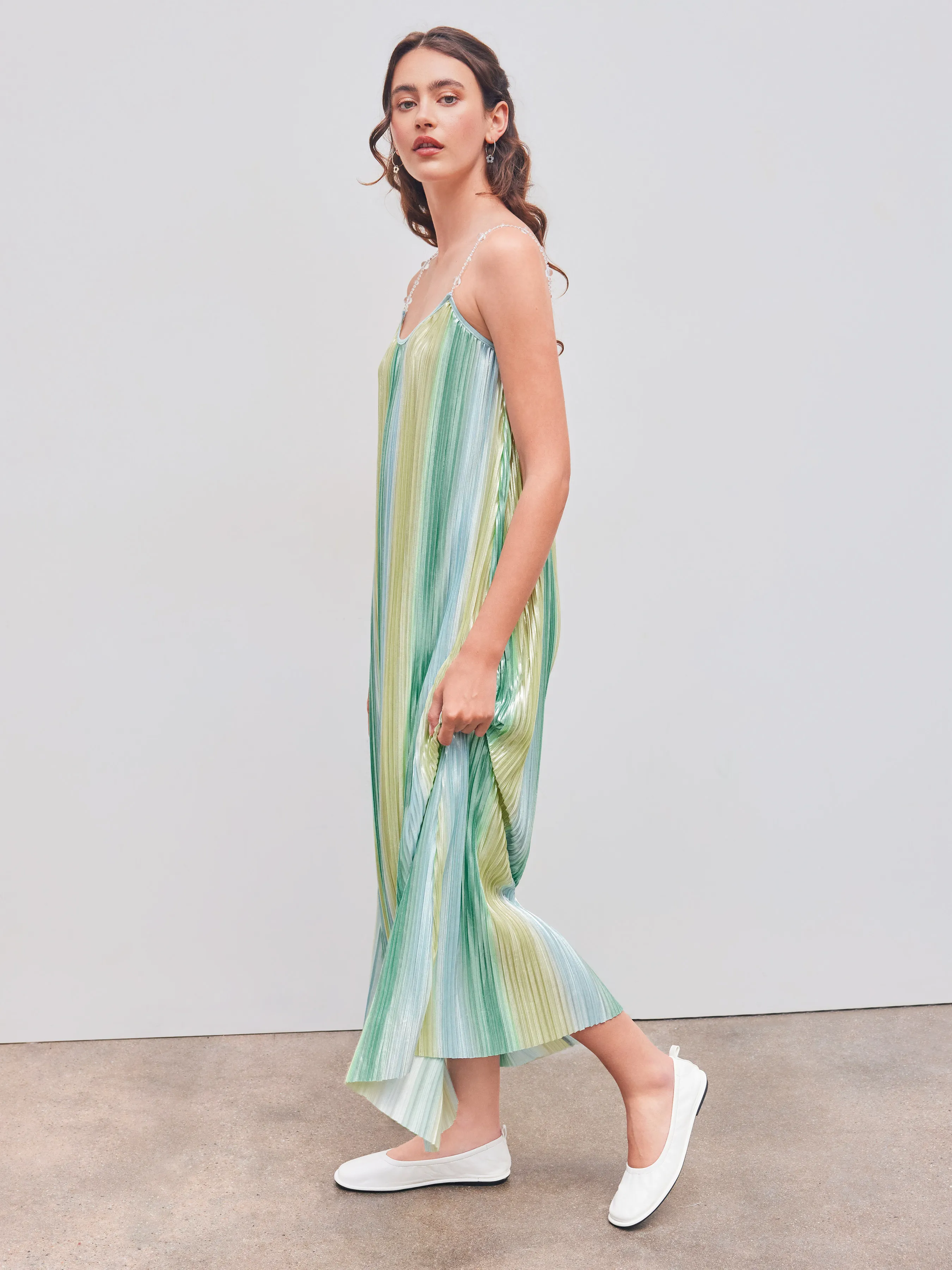 Vestido Maxi de Tirantes con Cuello Cuadrado y Rayas con Cuentas