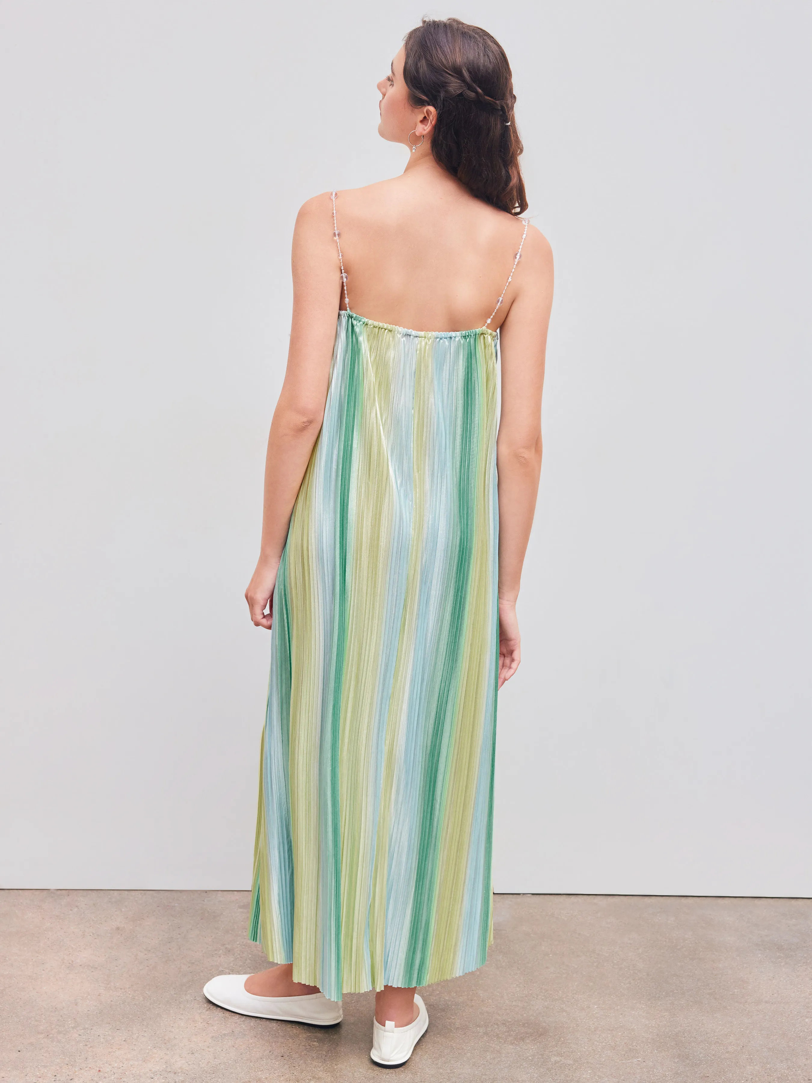 Vestido Maxi de Tirantes con Cuello Cuadrado y Rayas con Cuentas