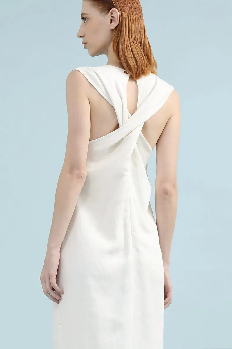 VESTIDO MIDI LINO LYOCELL, CRUCE ESPALDA, CRUDO