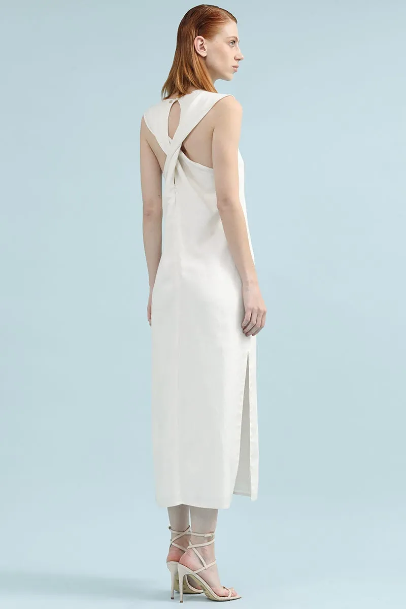 VESTIDO MIDI LINO LYOCELL, CRUCE ESPALDA, CRUDO