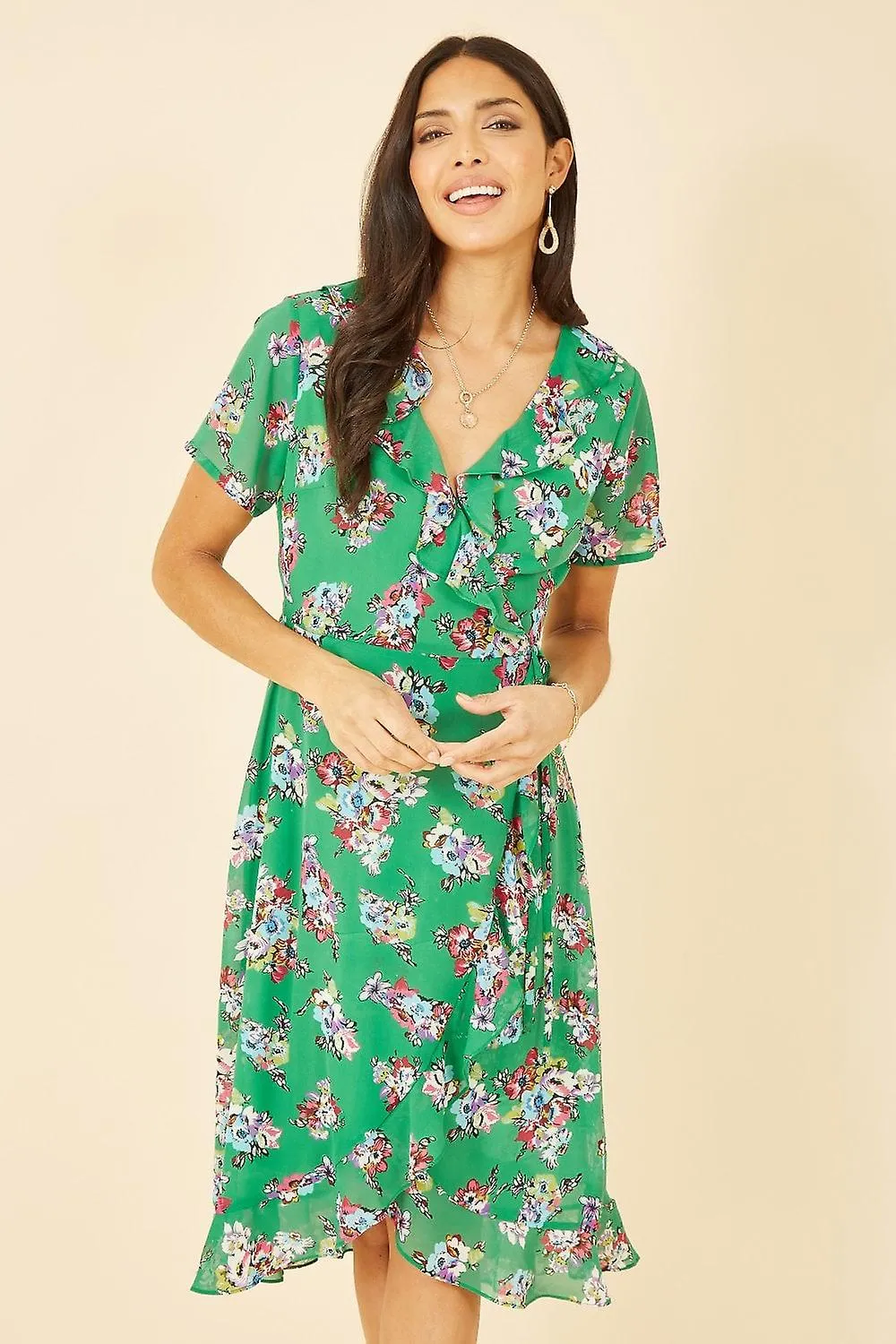 Women's Yumi Green Floral Frill Wrap Midi Dress