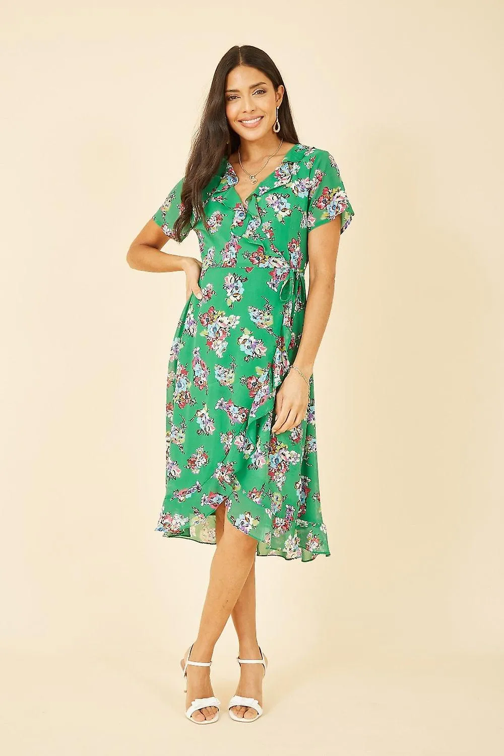 Women's Yumi Green Floral Frill Wrap Midi Dress