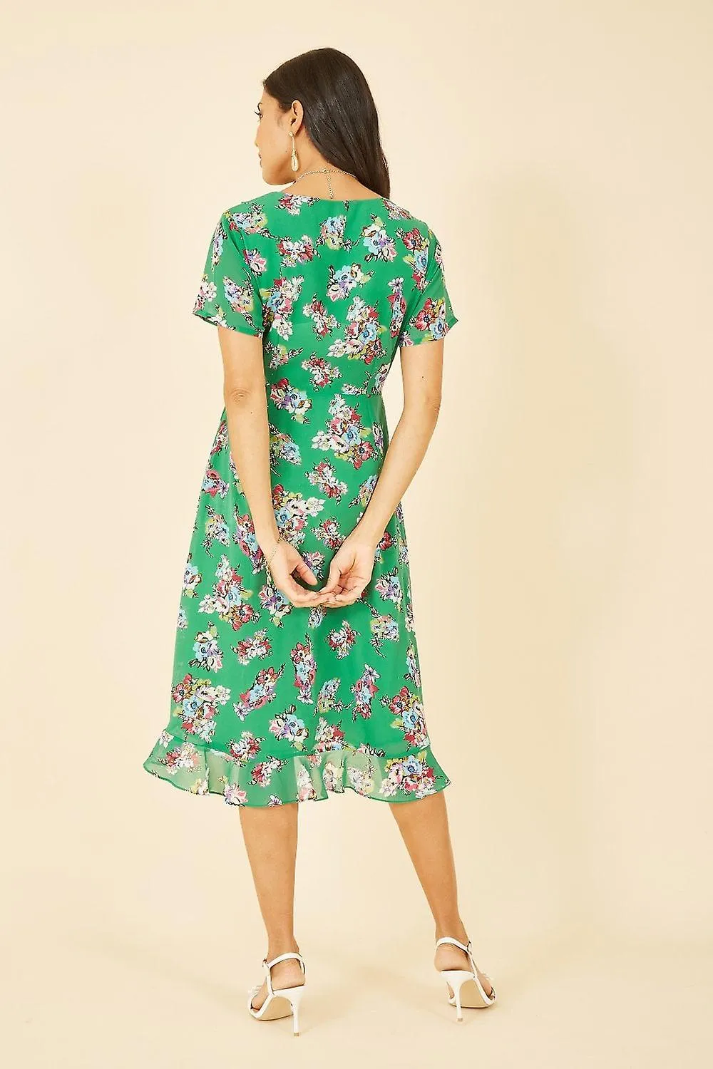 Women's Yumi Green Floral Frill Wrap Midi Dress