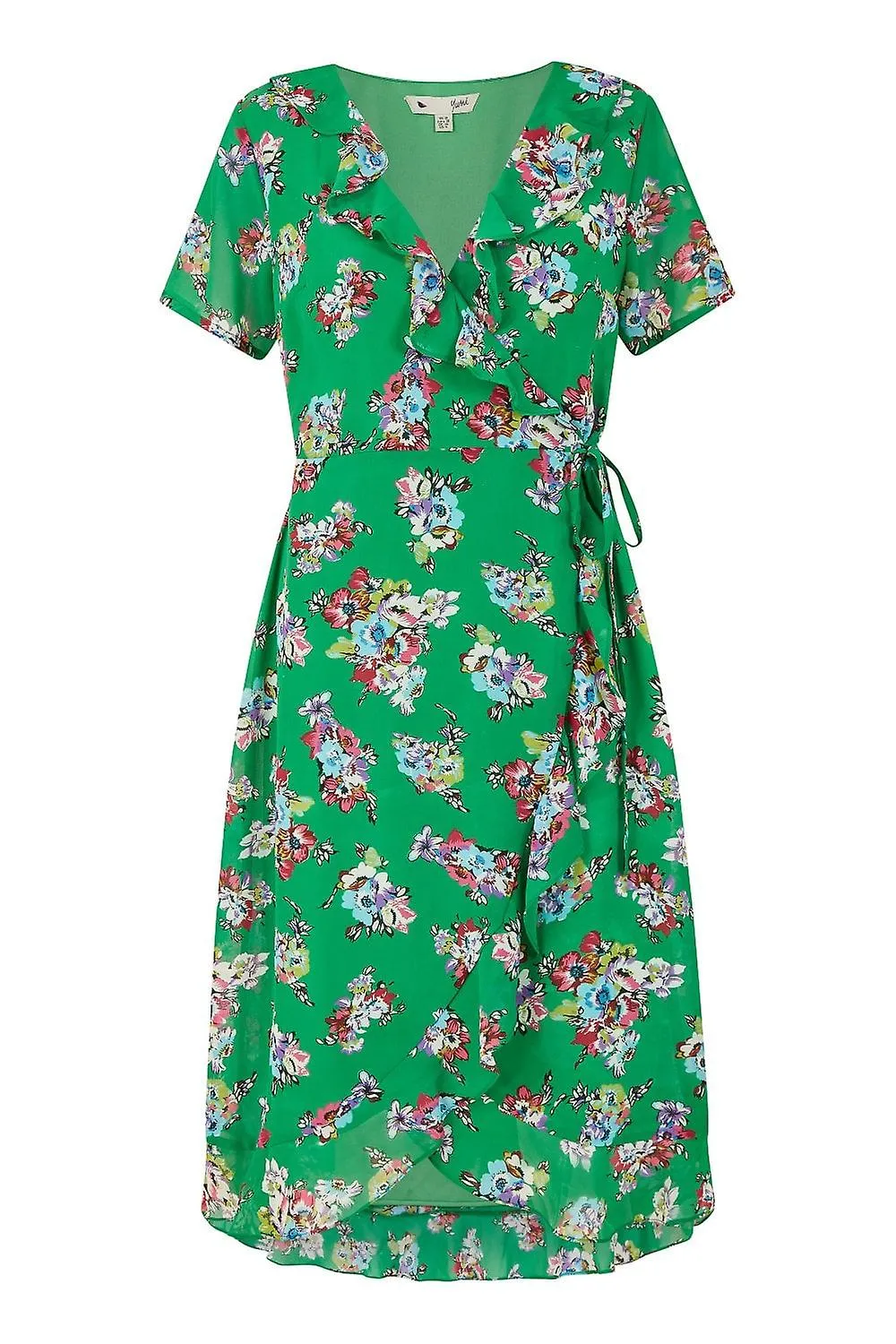 Women's Yumi Green Floral Frill Wrap Midi Dress